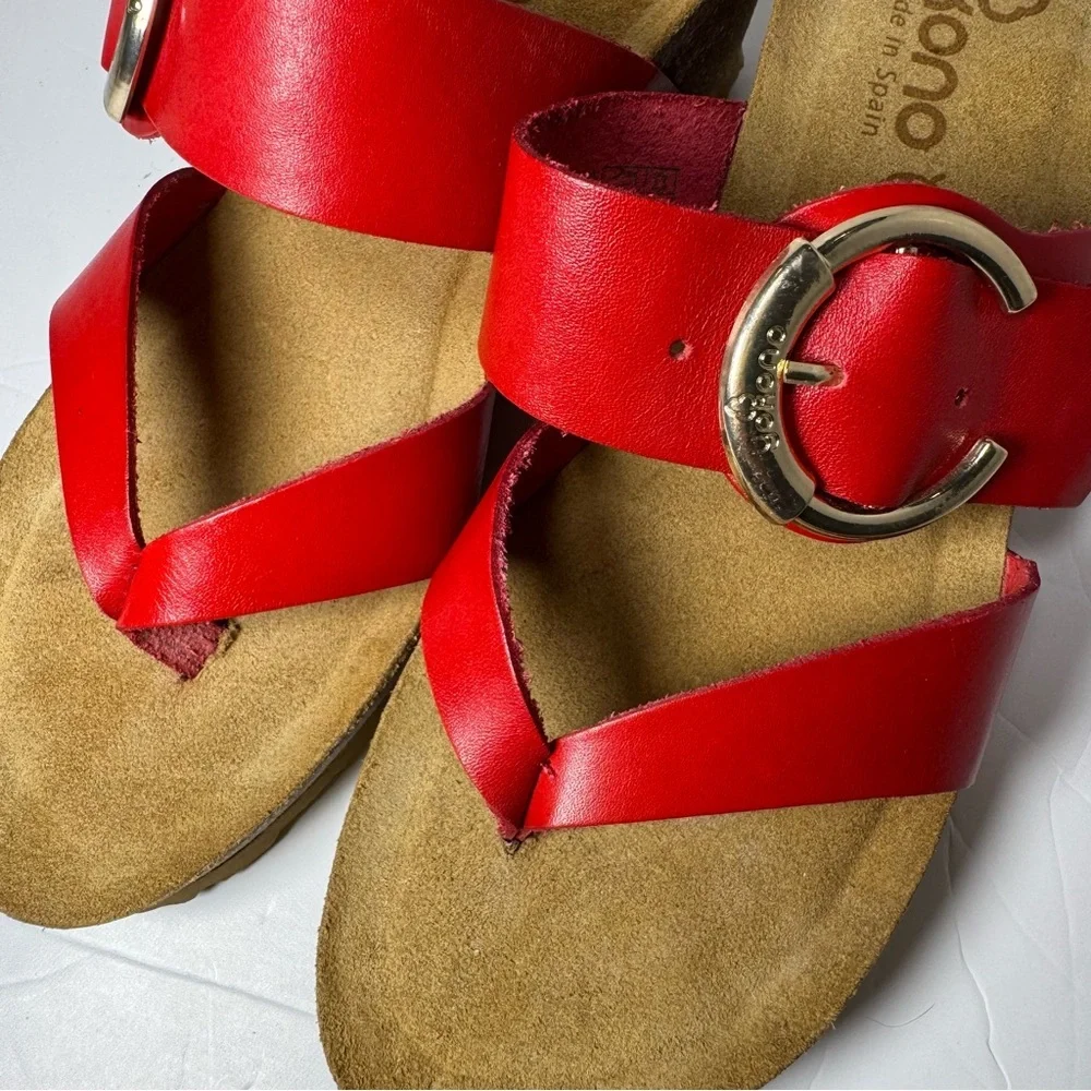 Yokono Red Leather Wedge Sandals Size 38 7 Buckle Strap Cork Platform Spain